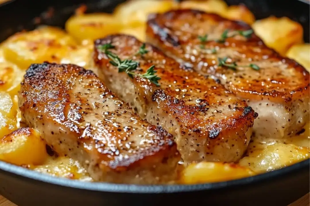 Garlic Parmesan Pork Chops with Cheesy Scalloped Potatoes Recipe