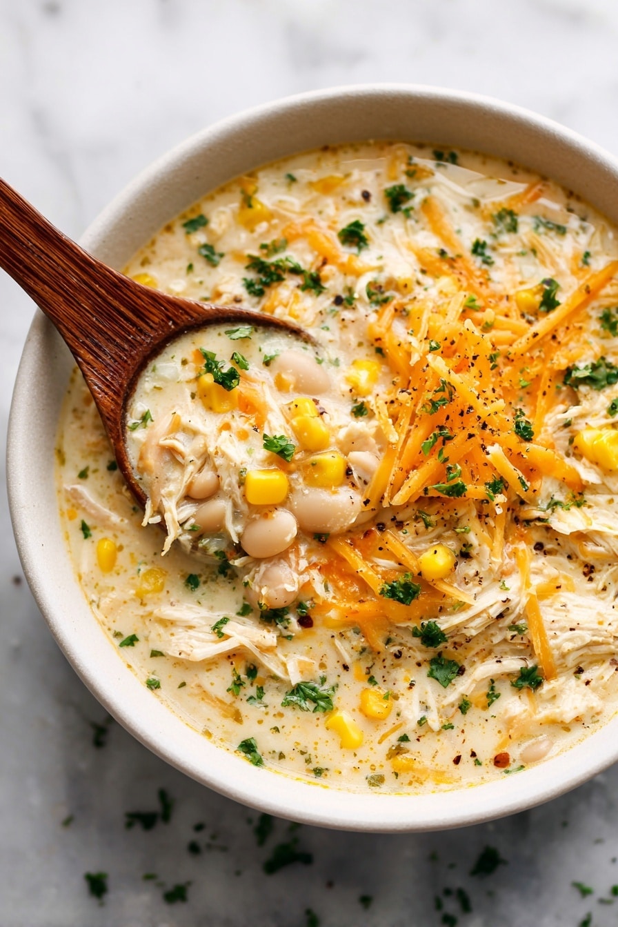 A white bowl filled with a creamy soup that has visible layers of white beans, shredded chicken pieces, and small bits of corn, all mixed in a thick light beige broth. The top layer is sprinkled with shredded orange cheddar cheese and chopped green herbs, with a touch of black pepper. A wooden spoon rests inside the bowl, partly submerged, held by a woman's hand. The bowl is placed on a white marbled surface. photo taken with an iphone --ar 2:3 --v 7 - Creamy White Chicken Chili, white chicken chili, easy white chicken chili, healthy chicken chili, comforting chicken chili