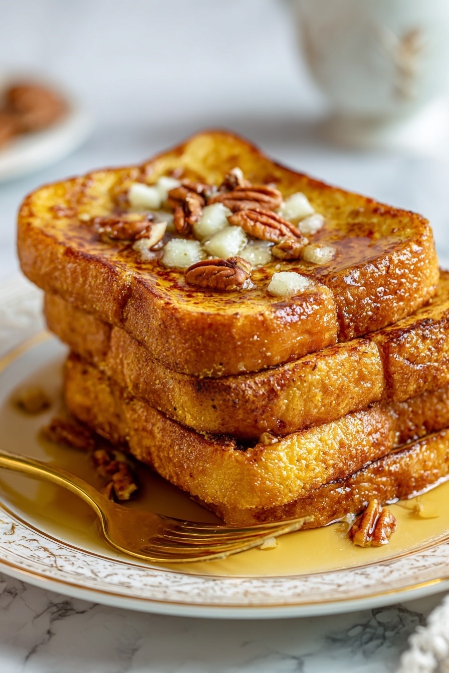 A close-up of a stack of three thick pieces of golden brown French toast on a white plate with a thin gold trim, each piece showing a soft, porous texture. The top layer is decorated with small chunks of melted white butter and sprinkled with chopped pecans. A light amber syrup glistens on the toast and pools slightly on the plate below. A gold fork is placed on the left side, stuck into the top slice. The background is a white marbled texture. photo taken with an iphone --ar 2:3 --v 7 - Pumpkin French Toast with Cinnamon and Nutmeg, pumpkin breakfast ideas, fall French toast recipes, cozy pumpkin breakfast, cinnamon nutmeg French toast