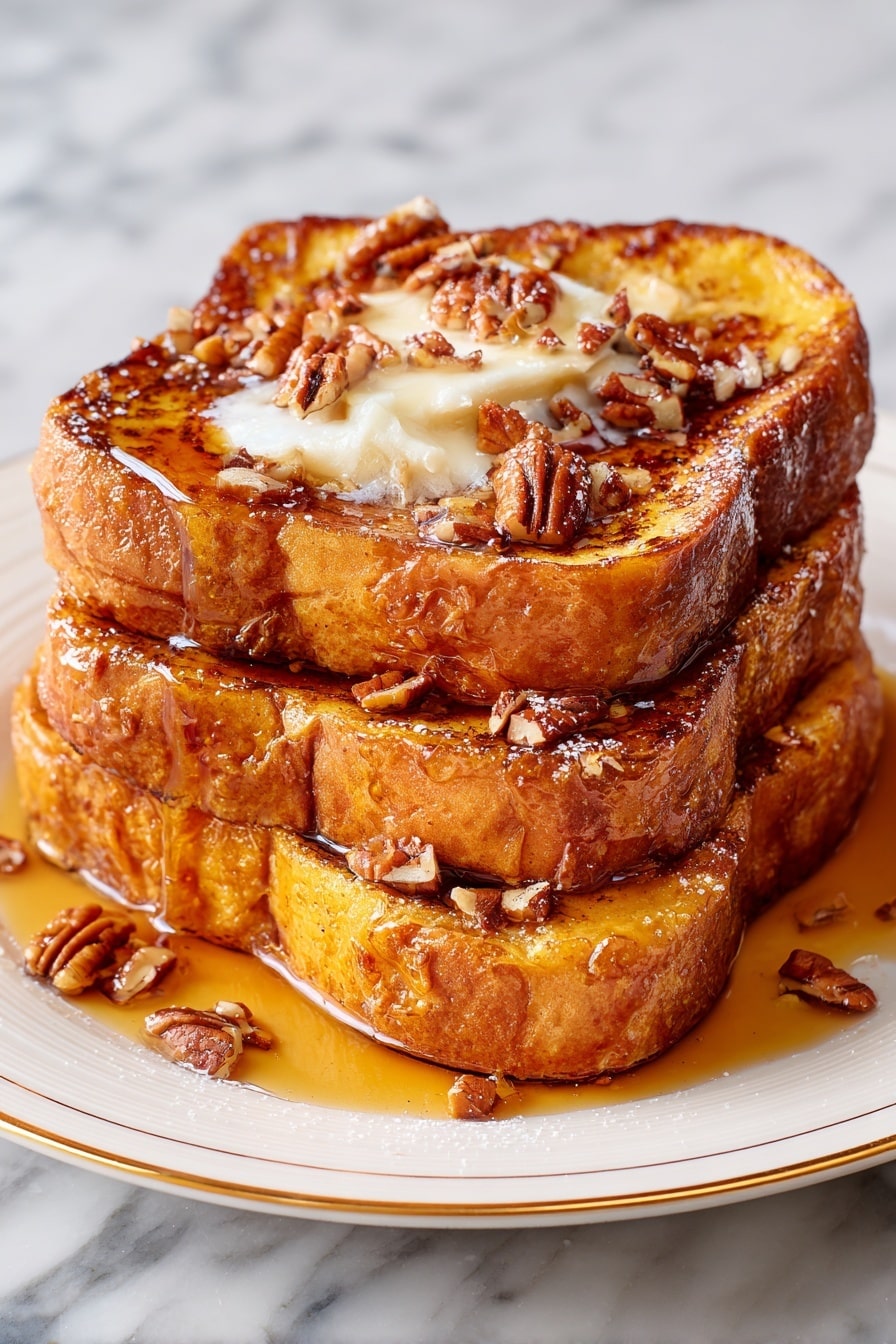 A stack of three thick, golden-brown French toast slices sits on a white plate with a thin gold rim, revealing a soft, fluffy inside. The top slice is topped with a melting pat of white butter, dripping down with amber syrup that pools on the plate. Small pieces of chopped pecans are scattered generously over the toast and plate. The toast has a moist, slightly shiny texture from the syrup. The scene is set against a white marbled surface. photo taken with an iphone --ar 2:3 --v 7 - Pumpkin French Toast with Cinnamon and Nutmeg, pumpkin breakfast ideas, fall French toast recipes, cozy pumpkin breakfast, cinnamon nutmeg French toast