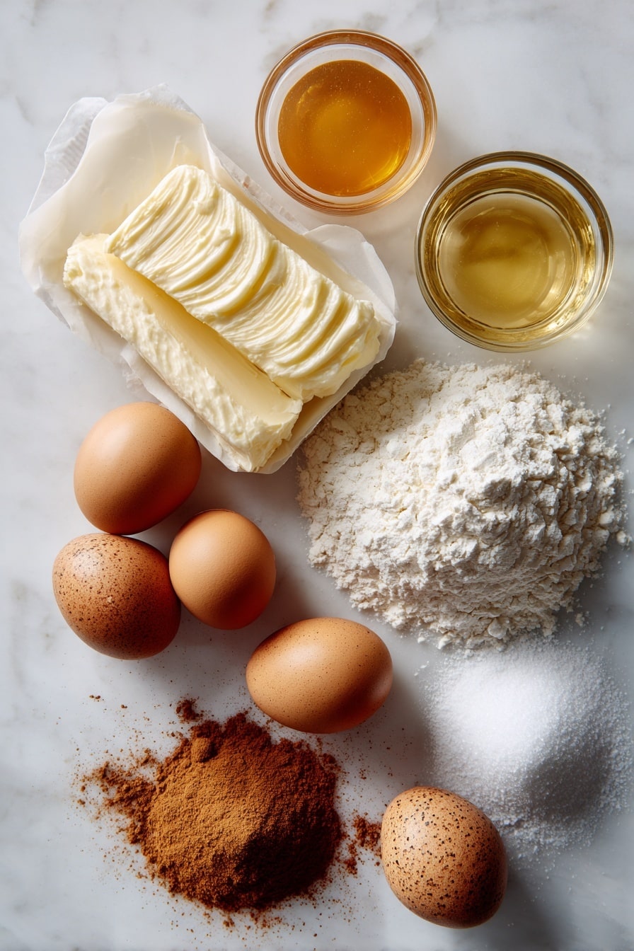 Flat lay of softened butter, granulated sugar, large brown speckled eggs, all-purpose flour, a small pile of baking powder, a glass of golden apple cider, sifted powdered sugar, and a small heap of warm cinnamon powder, all beautifully arranged in neat groups with soft natural light highlighting their textures, placed on a white marble surface, photo taken with an iphone --ar 2:3 --v 7 - Apple Cider Pound Cake with Cinnamon Glaze, fall dessert recipes, cozy autumn cakes, easy apple cider cake, cinnamon glaze pound cake