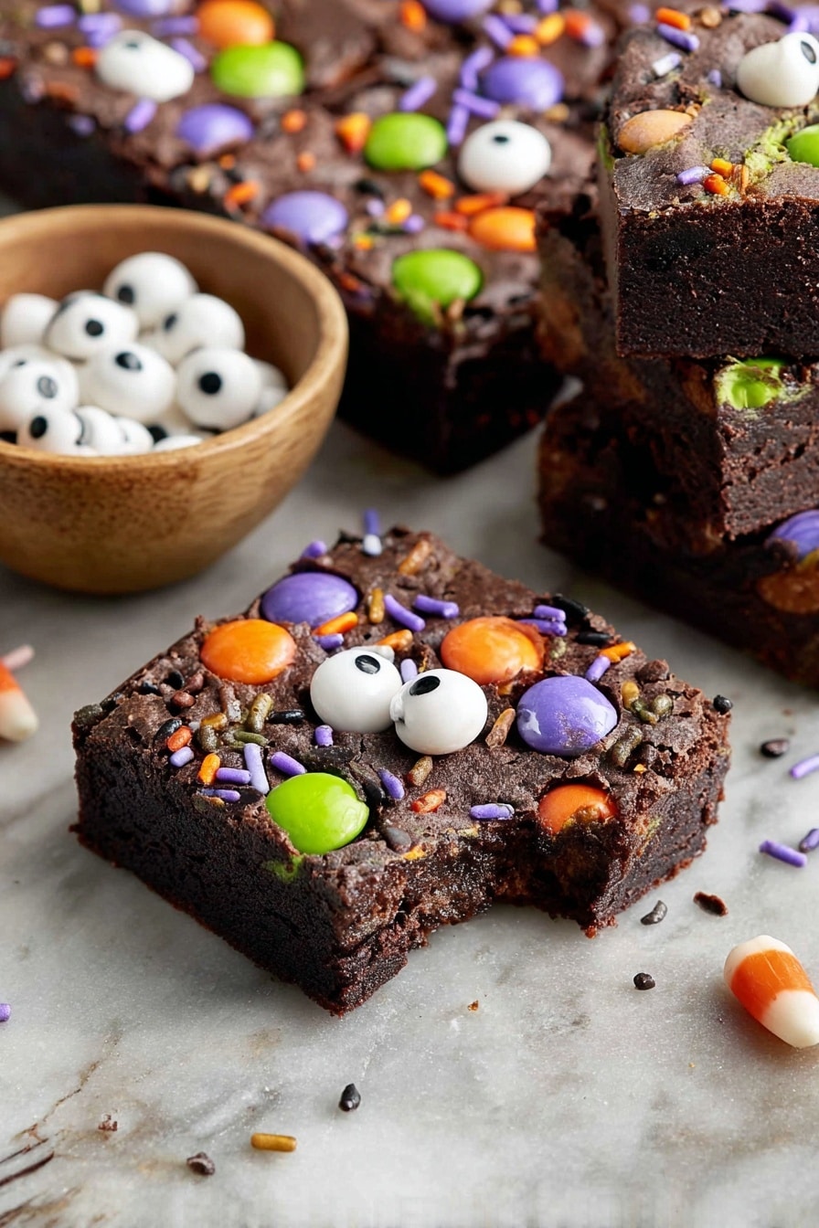 A close-up view of a dark brown brownie square with a soft texture and one visible bite taken from the front right corner. The brownie is decorated with colorful candy pieces including orange, green, and purple M&M-like candies, round white candy eyes with black centers, and small sprinkles in orange, purple, green, black, and white scattered on top. In the background, more brownie squares can be seen stacked with similar decorations. To the left, there is a small wooden bowl filled with white candy eyes with black centers. All items rest on a white marbled surface. photo taken with an iphone --ar 2:3 --v 7 - The Best Easy Halloween Brownies, Halloween Brownies Recipe, Festive Halloween Dessert, Fudgy Halloween Brownies, Easy Halloween Treats