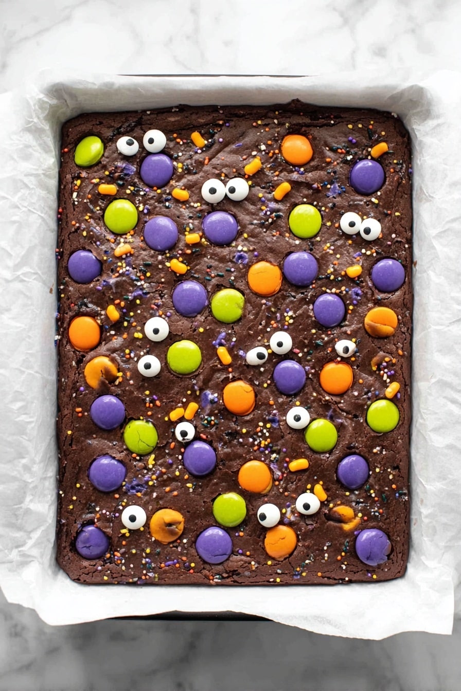 A rectangular chocolate brownie is baked in a white tray lined with parchment paper, placed on a white marbled surface. The brownie top layer is rich brown with a slightly rough texture and decorated with colorful round candies in purple, orange, and green spread evenly across the surface. Small round white candy eyes with black centers and tiny sprinkles in black, orange, purple, and green are scattered randomly, adding a playful and festive look. The brownie edges are slightly raised, and the overall image is taken from above. photo taken with an iphone --ar 2:3 --v 7 - The Best Easy Halloween Brownies, Halloween Brownies Recipe, Festive Halloween Dessert, Fudgy Halloween Brownies, Easy Halloween Treats
