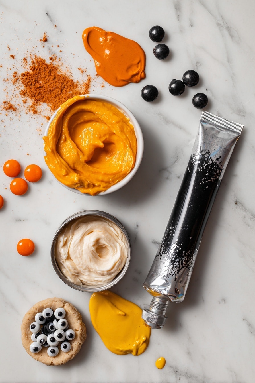 Flat lay of a tube of sugar cookie dough, a can of creamy vanilla frosting, a small bowl of warm pumpkin pie spice, vibrant orange gel food coloring, smooth black decorator frosting in a tube, and a handful of whimsical candy eyes, all beautifully arranged with small spills and dollops showing texture and color contrast, placed on a white marble surface, photo taken with an iphone --ar 2:3 --v 7 - Spiderweb Cookie Pizza, Halloween cookie dessert, festive fall treats, spooky Halloween baking, easy Halloween party recipes