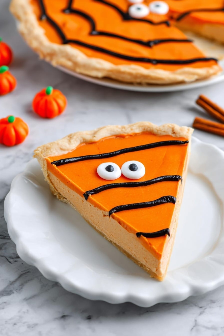 A single slice of pie sits on a white scalloped plate on a white marbled surface. The pie has a thick, light beige crust and is topped with a smooth, bright orange layer of frosting or filling. Black icing creates three curved lines across the orange top, resembling a spider web, with two small white candy eyes placed near the top center. In the background, part of the whole pie with the same decoration is visible. Small pumpkin-shaped candies and a cinnamon stick complete the scene. Photo taken with an iphone --ar 2:3 --v 7 - Spiderweb Cookie Pizza, Halloween cookie dessert, festive fall treats, spooky Halloween baking, easy Halloween party recipes