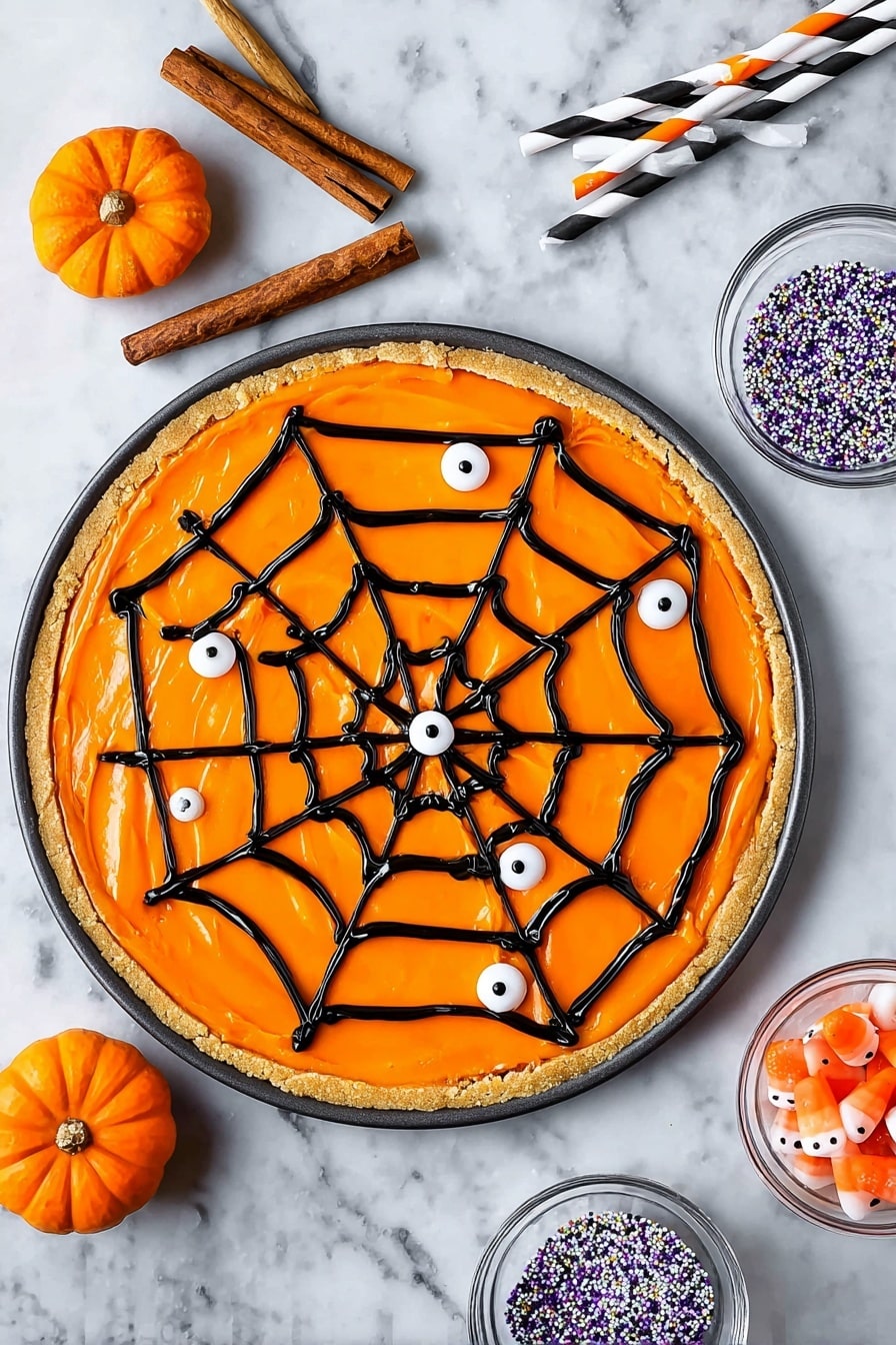 The image shows a single-layer round tart with a golden-brown crust in a dark round pan. The crust is thick and even, forming a raised edge around the tart. On top, a smooth, bright orange filling is spread evenly with visible swirls and light texture streaks, covering the entire surface inside the crust. The tart is placed on a white marbled surface. photo taken with an iphone --ar 2:3 --v 7 - Spiderweb Cookie Pizza, Halloween cookie dessert, festive fall treats, spooky Halloween baking, easy Halloween party recipes