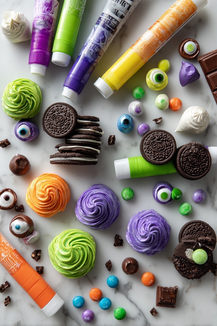 Flat lay of vibrant green, purple, orange, and yellow gel food coloring tubes, a stack of Oreo cookies with some broken pieces, shiny Hershey’s Kisses, several candy eyes of different sizes scattered around, dollops of chocolate frosting and white frosting swirled with colorful tips, all beautifully arranged with a few mini chocolate candy melts, placed on a white marble surface, photo taken with an iphone --ar 2:3 --v 7 - Halloween cupcake collection, Halloween themed decorated cupcakes, spooky Halloween cupcake ideas, Halloween party cupcakes, festive Halloween baking recipes