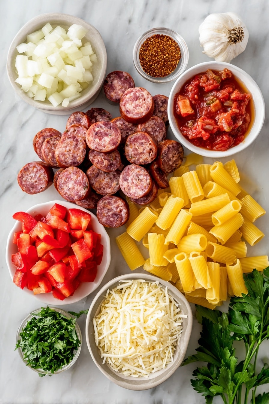 Flat lay of sliced andouille sausage rounds, diced yellow onion, diced red bell pepper, minced garlic cloves, a small heap of Cajun seasoning powder, canned diced tomatoes with juice, rigatoni pasta pieces, fresh chopped parsley leaves, and a small pile of shredded Parmesan cheese, all beautifully arranged on a white marble surface, photo taken with an iphone --ar 2:3 --v 7 - One Pot Creamy Cajun Sausage Pasta, Cajun sausage pasta recipe, creamy Cajun pasta, easy Cajun sausage dinner, one pot sausage pasta