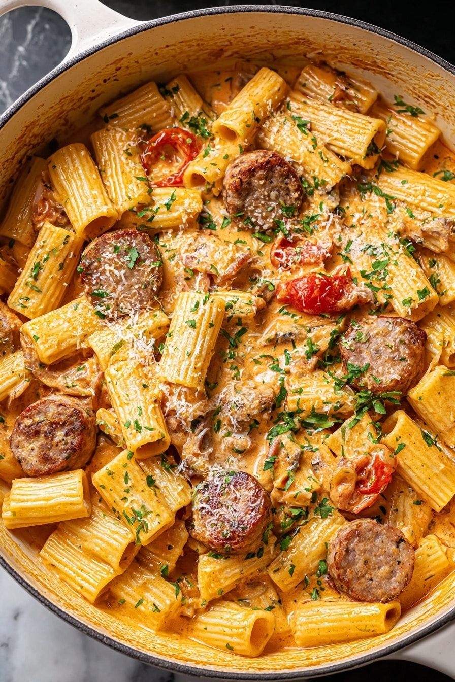 The image shows a white pot filled with rigatoni pasta in a creamy orange sauce. There are several round slices of browned sausage mixed in, along with small pieces of red tomatoes. The pasta is sprinkled with green chopped herbs and grated cheese, and the dish has a slightly glossy texture. The background is a white marbled surface. photo taken with an iphone --ar 2:3 --v 7 - One Pot Creamy Cajun Sausage Pasta, Cajun sausage pasta recipe, creamy Cajun pasta, easy Cajun sausage dinner, one pot sausage pasta