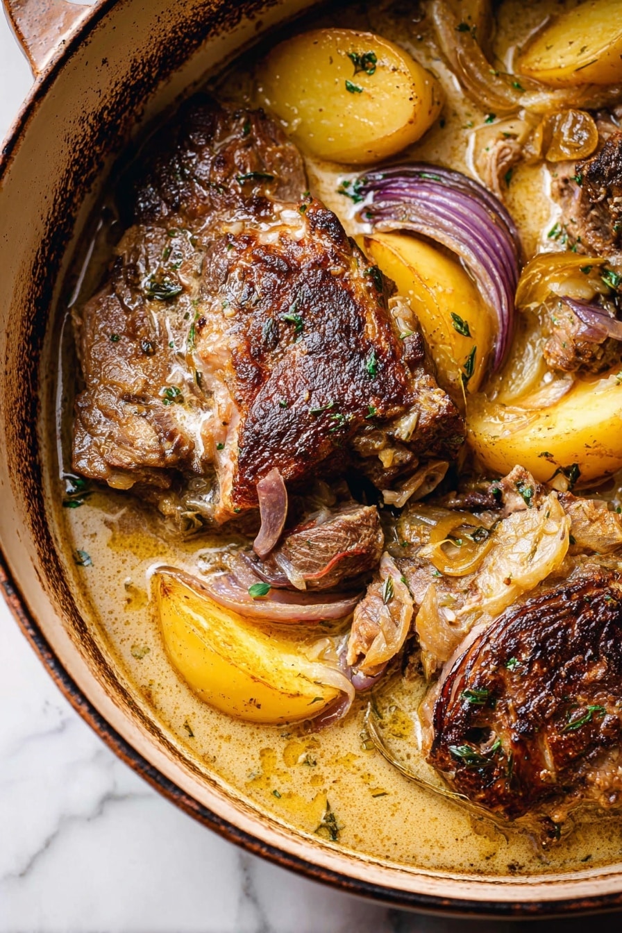 The image shows a close-up of a stew in a pot, featuring two large browned meat pieces with crispy, dark golden edges and tender, shredded insides. Around the meat are slices of soft, yellow potatoes and cooked purple onions, all in a creamy, light brown sauce with visible herbs. The pot is white ceramic with a rustic brown rim, sitting on a white marbled surface. The textures range from crispy meat crust to soft cooked vegetables, blending in the savory sauce photo taken with an iphone --ar 2:3 --v 7 - Apple Cider Braised Pork Shoulder, fall comfort pork dishes, tender pork shoulder recipes, autumn pork slow cooker, cozy pork shoulder meal