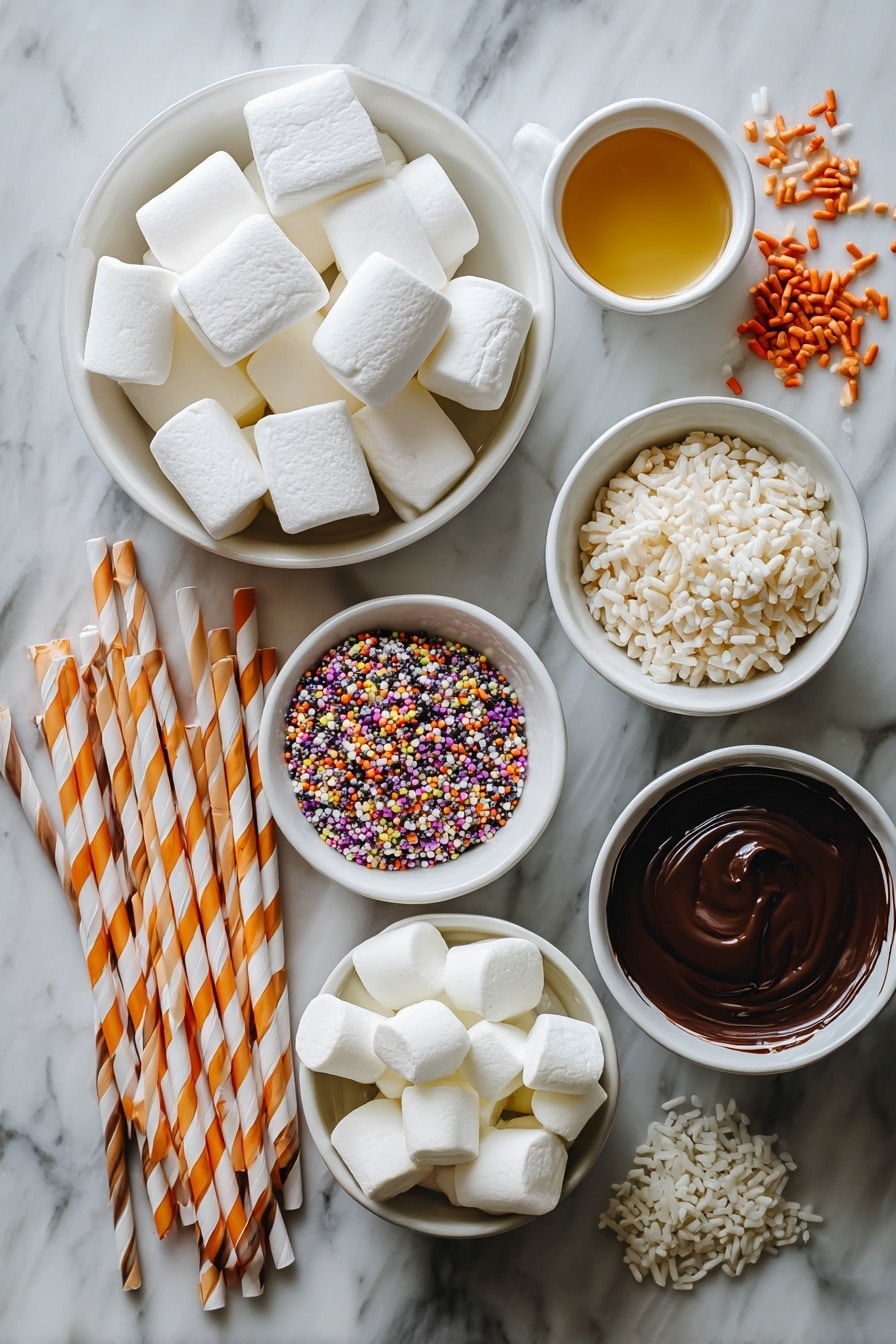 Flat lay of jumbo white marshmallows, small white marshmallows, golden brown melted butter in a gentle pool, crisp Rice Krispies cereal clusters, glossy melted semisweet chocolate drizzles, colorful Halloween-themed sprinkles scattered like confetti, and festive orange and black paper straws, all beautifully arranged with soft natural light highlighting textures, placed on a white marble surface, photo taken with an iphone --ar 2:3 --v 7 - Halloween Rice Krispie Treats with Chocolate Drizzle and Straws, festive Halloween treats, easy Halloween party snacks, chocolate drizzled rice krispie treats, Halloween dessert ideas