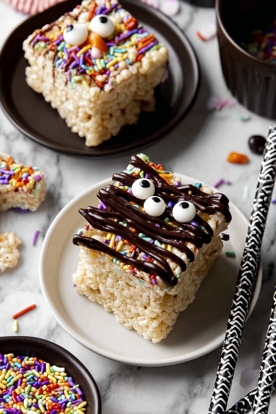 The image shows two square rice treats on white plates, each with two layers: the bottom layer is light tan and crispy rice, and the top layer has colorful sprinkles and eyes made from candy. The rice treats are drizzled with smooth dark chocolate, creating thin lines across the top and edges. Each treat is placed on a black and white patterned paper stick that sticks out from the bottom. The background is a white marbled surface with some sprinkles scattered around. There is also a bowl filled with the same colorful sprinkles near the bottom left corner. Photo taken with an iphone --ar 2:3 --v 7 - Halloween Rice Krispie Treats with Chocolate Drizzle and Straws, festive Halloween treats, easy Halloween party snacks, chocolate drizzled rice krispie treats, Halloween dessert ideas