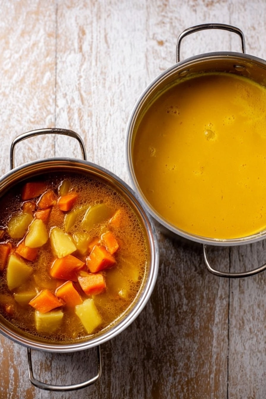 The image shows two metal pots placed on a wooden surface. The pot on the left contains chunky orange and yellow vegetable pieces in a brownish broth with a slightly thick texture, showing visible vegetable chunks like carrots and potatoes. The pot on the right holds a smooth, bright orange-yellow soup with a creamy texture and no visible chunks. Both pots have a shiny metal finish with handles visible. The background is a white marbled texture. photo taken with an iphone --ar 2:3 --v 7 - Creamy Roasted Butternut Squash and Sweet Potato Soup Coconut Milk, roasted butternut squash sweet potato soup, healthy vegan butternut squash soup, comforting fall soup recipes, easy coconut milk vegetable soup