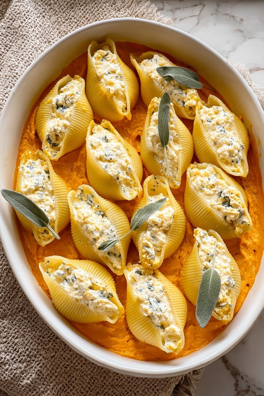 The image shows a white oval dish filled with large pasta shells arranged in neat overlapping layers. Each shell is filled with a creamy white cheese mixture, and the dish has a thick orange sauce base that spreads evenly at the bottom. A few fresh grayish-green sage leaves are scattered on top as garnish. The pasta shells have a smooth and slightly shiny texture, and the cheese filling looks soft and crumbly. The dish sits on a white marbled surface with a textured beige cloth nearby. Photo taken with an iphone --ar 2:3 --v 7 - Creamy Pumpkin Ricotta Stuffed Shells, Pumpkin Pasta Recipes, Autumn Vegetarian Pasta, Cozy Fall Pasta Dishes, Holiday Vegetarian Dinner
