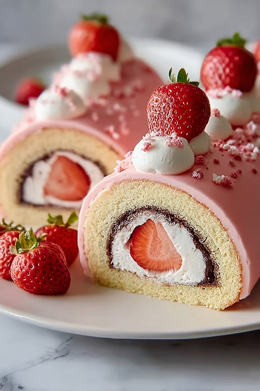 The image shows a rolled cake sliced into pieces on a white plate placed on a white marbled table. The cake has three visible layers inside: a light yellow sponge layer on the outside, a thin dark chocolate or dark layer just inside it, and a thick white cream filling wrapped around a fresh red strawberry in the center. The outside of the cake is covered with a smooth pink icing, decorated with small white cream dollops and sprinkled with pink bits. Each slice is topped with a whole fresh red strawberry, and there are some extra strawberries on the plate near the slices. The photo taken with an iphone --ar 2:3 --v 7 - Strawberry Shortcake Sushi Roll, strawberry sushi dessert, fruit sushi recipes, fun dessert ideas, easy sweet sushi rolls