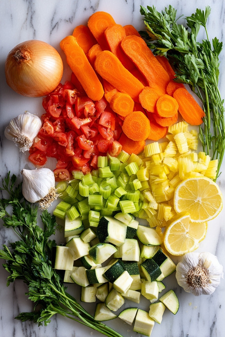 Flat lay of bright orange carrot slices, pale green celery stalks chopped into pieces, a diced vibrant green zucchini, glossy red diced tomatoes from the can, a whole medium onion with papery skin, fresh sprigs of green parsley, several lemon wedges with bright yellow rind, and a few garlic cloves with their white skins, all beautifully arranged on a white marble surface, photo taken with an iphone --ar 2:3 --v 7 - Comforting Italian Penicillin Soup, Italian vegetable soup, healthy Italian soup, cozy vegetable soup, lemon herb Italian soup