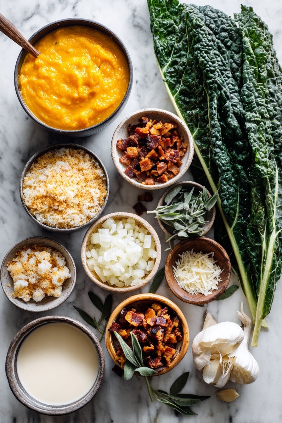 Flat lay of vibrant canned pumpkin purée, fresh lacinato kale leaves, diced vegan bacon pieces, finely chopped sage, golden toasted panko breadcrumbs, grated dairy-free smoked gouda and cheddar cheeses, minced garlic cloves, diced white onion, and a small bowl of creamy dairy-free heavy cream, all beautifully arranged with careful spacing and color contrast, placed on a white marble surface, photo taken with an iphone --ar 2:3 --v 7 - Creamy Vegan Pumpkin Mac and Cheese, vegan pumpkin mac and cheese, plant-based pumpkin mac and cheese, dairy-free pumpkin mac and cheese, vegan fall comfort foods
