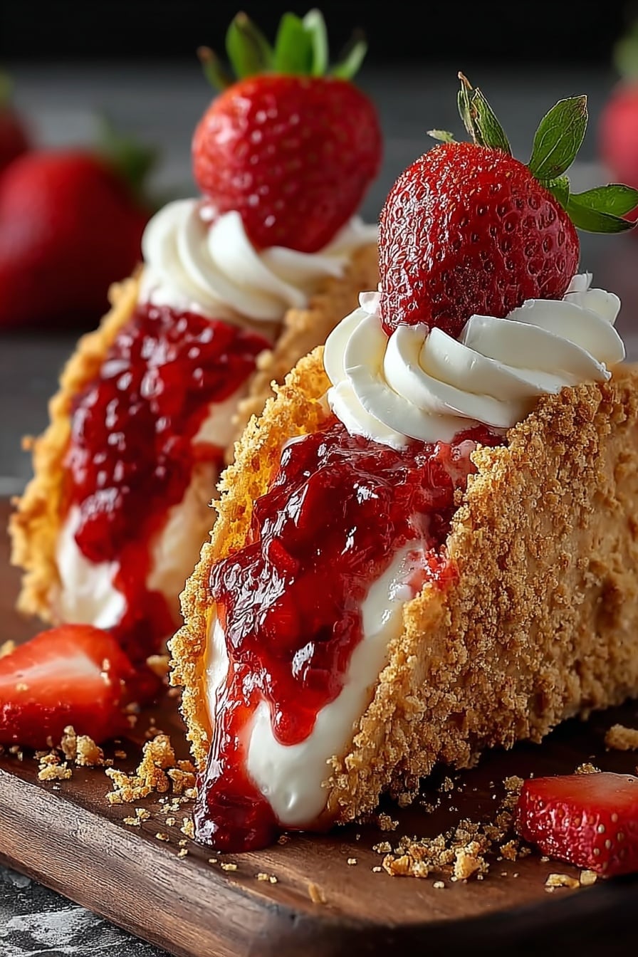 Two dessert tacos sit side by side on a dark wooden board with a white marbled background. Each taco has a crispy golden crumb shell on the outside. Inside, there is a thick layer of white cream, topped with shiny red strawberry jam that drips slightly over the edges. At the top of each taco, a swirl of white cream is crowned with a bright red half strawberry with green leaves. Around the board, there are some crumbs and whole fresh strawberries scattered. Photo taken with an iphone --ar 2:3 --v 7 - Strawberry Crunch Cheesecake Tacos, cheesecake dessert ideas, fruity taco dessert, easy cheesecake recipes, crunchy strawberry dessert