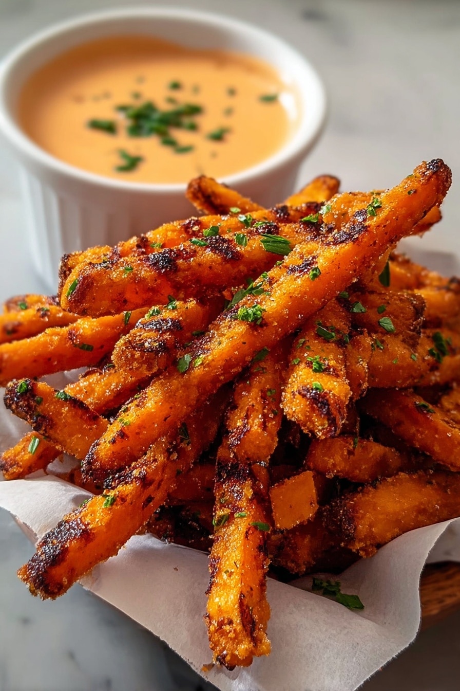 A close-up view of several golden orange fries stacked irregularly, each fry showing a crispy surface with browned edges and sprinkled coarse salt crystals, garnished with small green herb pieces. On the top right, a white bowl filled with creamy light beige dipping sauce contains small green herb bits, sitting on a white marbled surface. photo taken with an iphone --ar 2:3 --v 7 - Crispy Oven Baked Sweet Potato Fries, healthy sweet potato fries, crispy baked fries, homemade sweet potato fries, oven baked fry recipe