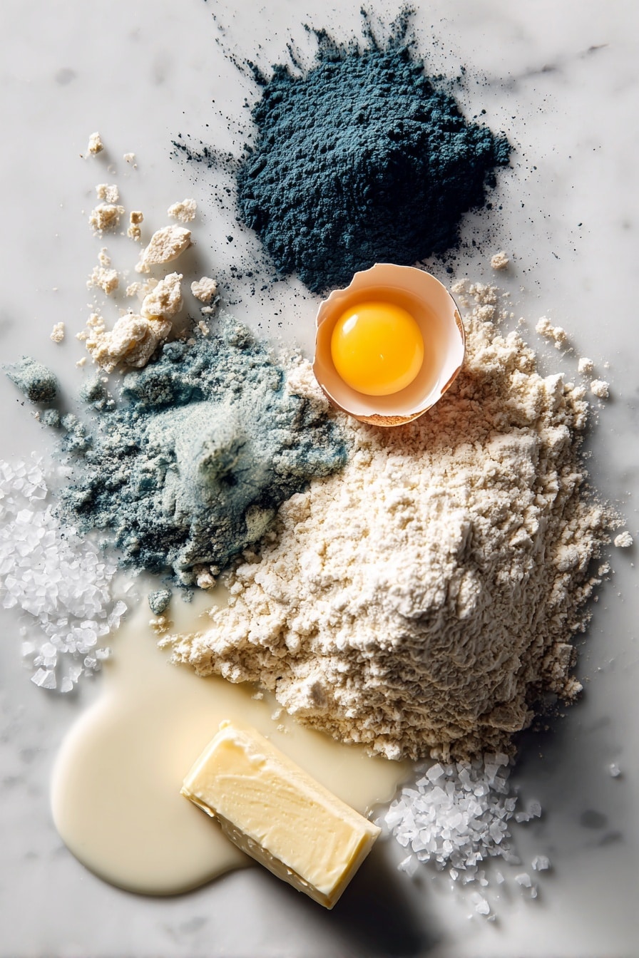 Flat lay of a mound of oat flour, a small pile of blue spirulina powder with its vibrant deep blue hue, a cracked egg showing the rich yolk, a gentle pool of creamy coconut milk, a scattering of granulated sugar crystals, a bottle of vanilla extract shining softly, and a pat of unsalted butter beginning to soften, all beautifully arranged with soft natural light enhancing their textures and colors, placed on a white marble surface, photo taken with an iphone --ar 2:3 --v 7 - Blue Pancakes No Artificial Coloring, natural blue pancakes with spirulina, healthy vibrant pancake recipe, quick homemade blue breakfast, egg-free blue pancake ideas