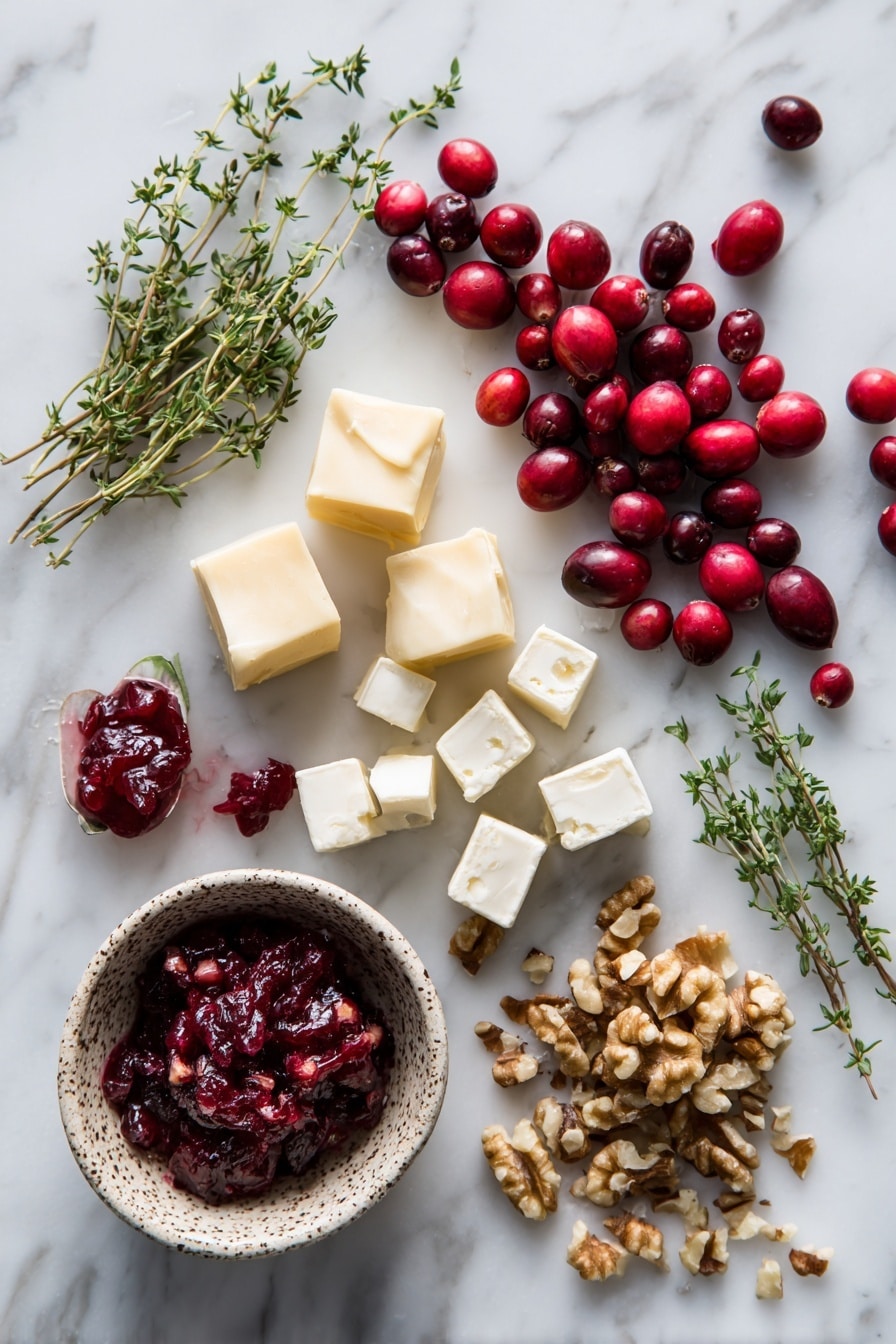 Flat lay of golden puff pastry squares, a wheel of creamy brie cheese cut into small pieces, vibrant red cranberry sauce dollops, finely chopped crunchy walnuts, and fresh green thyme leaves beautifully arranged in a natural pattern, placed on a white marble surface, photo taken with an iphone --ar 2:3 --v 7 - Cranberry Brie Bites, Cranberry Brie Bites appetizer, easy cranberry brie bites, festive puff pastry appetizers, holiday cranberry brie bites