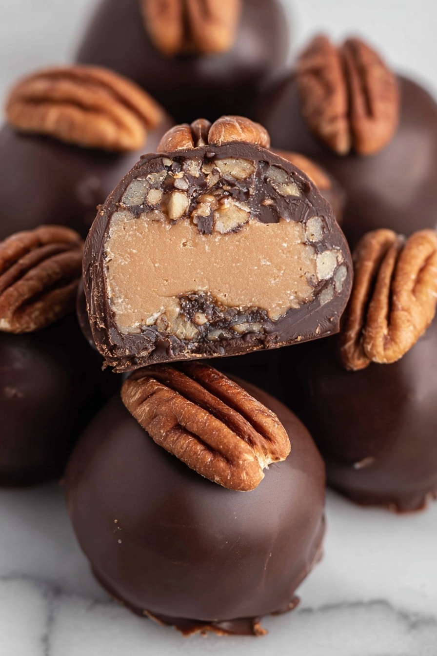The image shows several round chocolate balls, each topped with a half pecan nut. One chocolate ball is sliced open, revealing a smooth, light brown, creamy inside with small nut pieces mixed in. The outer shell is dark brown chocolate and looks thick and smooth. The pecan halves on top are textured with clear lines and a mix of light and dark brown colors. The chocolates rest on a white marbled surface. photo taken with an iphone --ar 2:3 --v 7 - Condensed Milk Pecan Balls with Chocolate Coating, pecan chocolate balls, homemade nutty chocolates, sweet condensed milk treats, easy holiday desserts