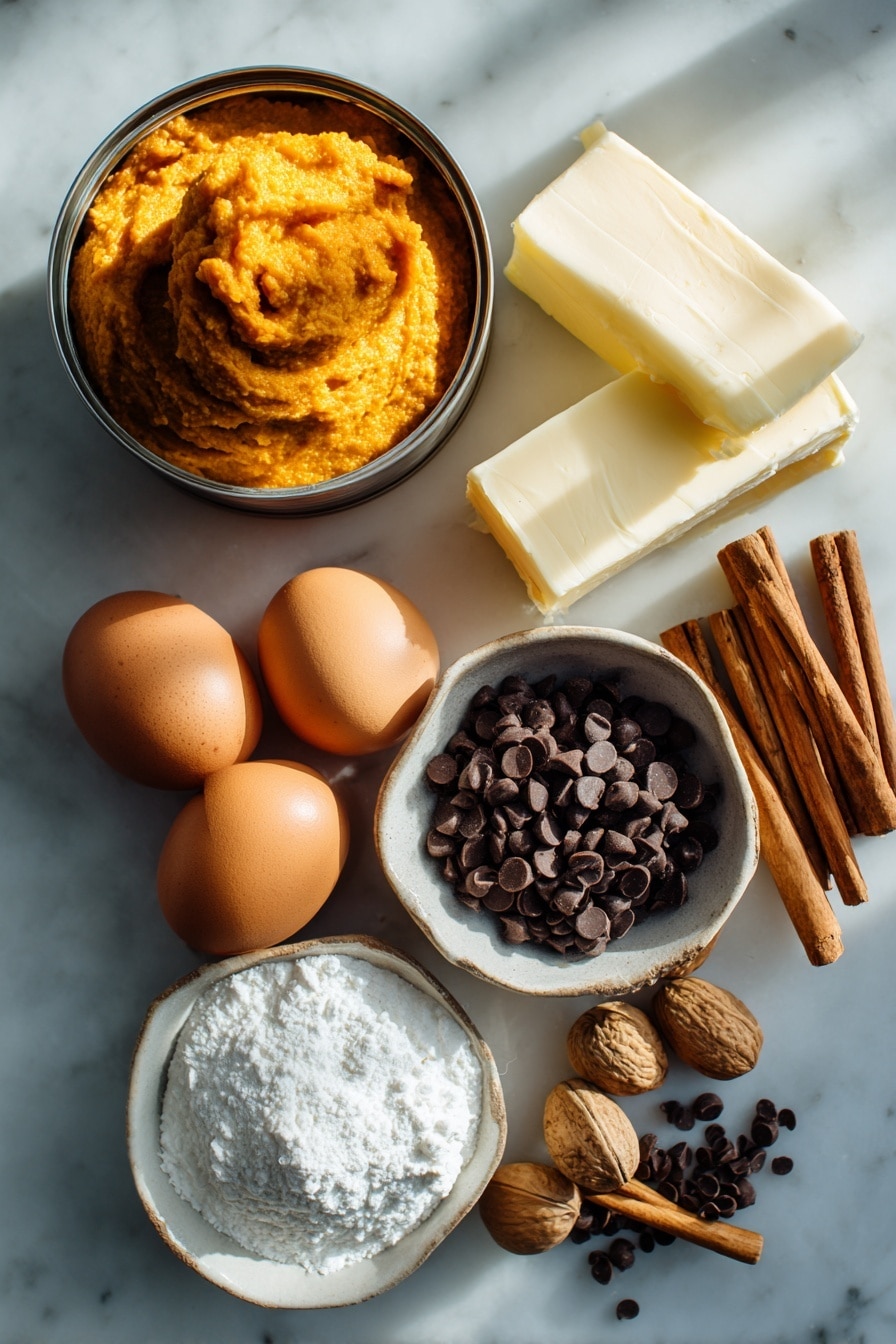 Flat lay of a can of rich pumpkin puree, a small pile of warm cinnamon sticks, whole nutmeg pods, two large fresh brown eggs, a stick of salted butter partially unwrapped, a mound of semi-sweet chocolate chips, a block of smooth cream cheese, and a bowl of powdered sugar, all beautifully arranged with soft natural light to highlight their textures and colors, placed on a white marble surface, photo taken with an iphone --ar 2:3 --v 7 - Pumpkin Earthquake Cake, fall dessert, pumpkin cheesecake cake, spiced pumpkin cake, easy fall dessert