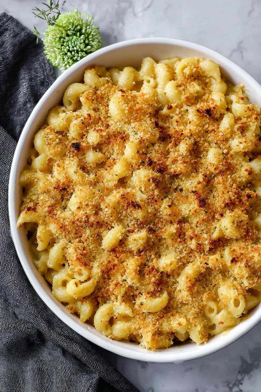 A white oval dish filled with baked macaroni and cheese, showing one thick layer of curly pasta coated in creamy, golden-yellow cheese sauce, topped with a lightly browned, crispy breadcrumb crust with some melted cheese visible underneath. A black-handled serving spoon is placed inside the dish on the left side. The dish sits on a white marbled surface with a dark grey cloth partially draped over the top right edge. A small green flower decoration is near the cloth. Photo taken with an iphone --ar 2:3 --v 7 - Easy Baked Mac and Cheese, cheesy baked pasta, creamy mac and cheese, homemade baked mac and cheese, comfort food classics