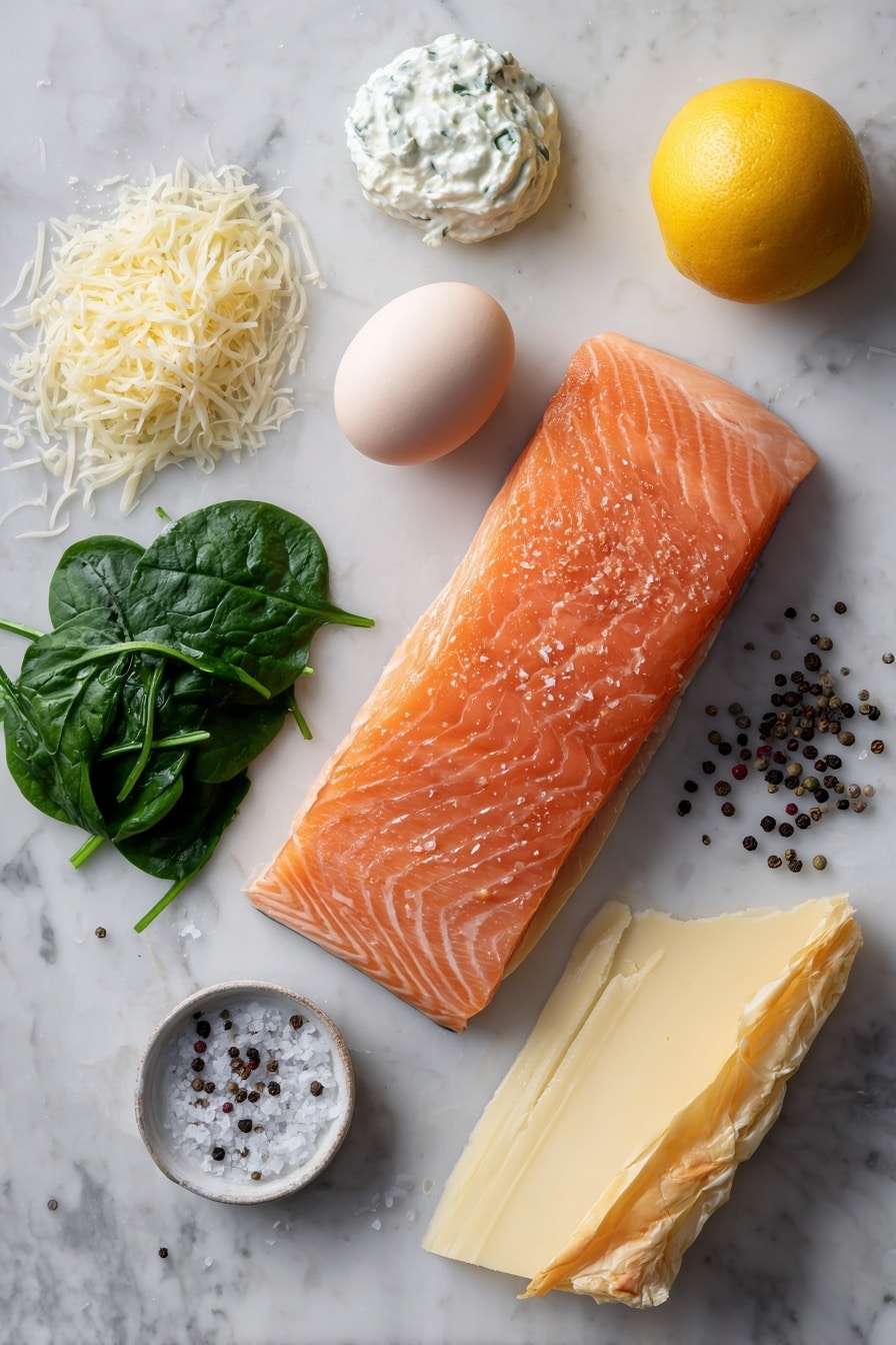 Flat lay of a fresh, pink salmon fillet beside a sheet of golden puff pastry, a dollop of creamy white cream cheese, a small heap of vibrant green squeezed spinach, a sprinkle of shredded mozzarella cheese, a bright whole egg, and a scattering of black peppercorns and coarse salt crystals, all beautifully arranged on a white marble surface, photo taken with an iphone --ar 2:3 --v 7 - Salmon Wellington with Spinach and Mozzarella, Salmon Wellington, easy Salmon Wellington recipe, puff pastry salmon dish, gourmet Salmon Wellington