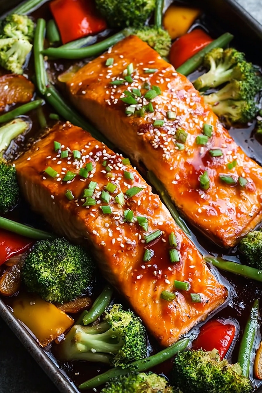 Two cooked salmon fillets with a shiny orange glaze are placed side by side in a pan. The salmon is topped with white sesame seeds and chopped green onions. Around the salmon, there are bright green broccoli pieces, light green sliced green beans, and chunks of red and yellow bell peppers. The vegetables look roasted and slightly charred. The pan has a dark surface with a bit of sauce pooled at the bottom. The photo taken with an iphone --ar 2:3 --v 7 - Sheet Pan Teriyaki Salmon and Vegetables, Easy One-Pan Dinner, Healthy Salmon Dinner, Quick Weeknight Meal, Oven-Roasted Salmon and Veggies
