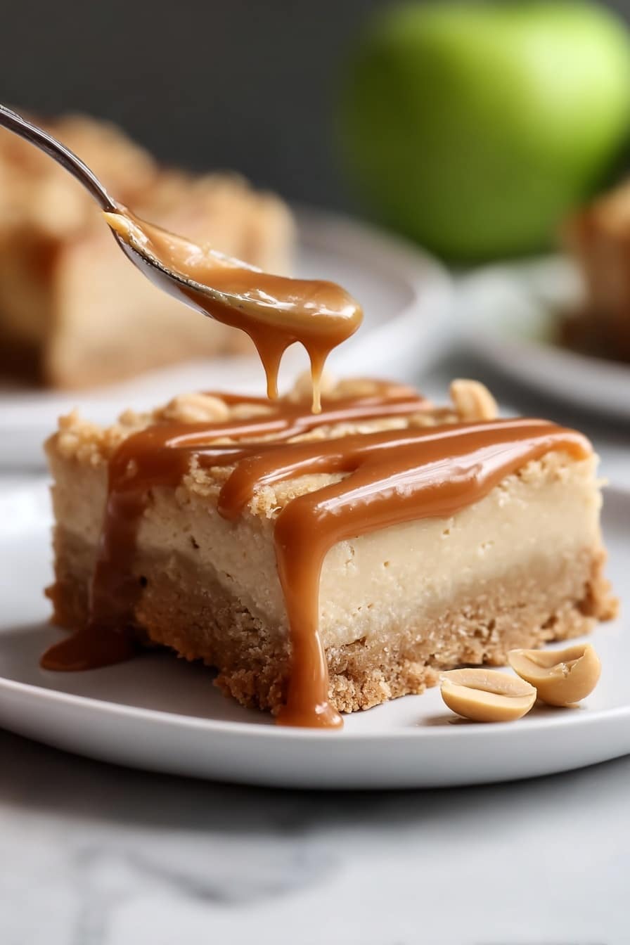 A square dessert bar with three visible layers sits on a white plate over a white marbled surface. The bottom layer is a dense, light brown cookie-like crust. The middle layer is a smooth, caramel filling with a glossy texture. The top layer is a thick, pale cream-colored frosting with a slightly uneven surface. Drizzled on top is a light caramel sauce in thin lines, adding a shiny finish. Small caramel pieces are scattered near the plate's edge. Photo taken with an iphone --ar 2:3 --v 7 - Salted Caramel Apple Sheet Cake, fall apple cake, easy apple sheet cake, caramel apple dessert, cozy autumn cake