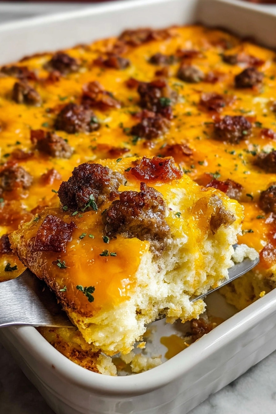 A close-up of a white baking dish filled with a thick casserole. The top layer shows melted bright orange cheese with browned sausage pieces and crispy bacon bits scattered across. The casserole is fluffy and golden with a slightly crispy surface. A metal spatula lifts a portion, revealing a soft, white, and spongy inside mixed with more sausage and cheese. Small green herb sprinkles are visible on the top. The dish sits on a white marbled surface. Photo taken with an iphone --ar 2:3 --v 7 - Crack Breakfast Casserole, breakfast casserole recipes, easy morning dishes, cheesy breakfast ideas, savory brunch casserole
