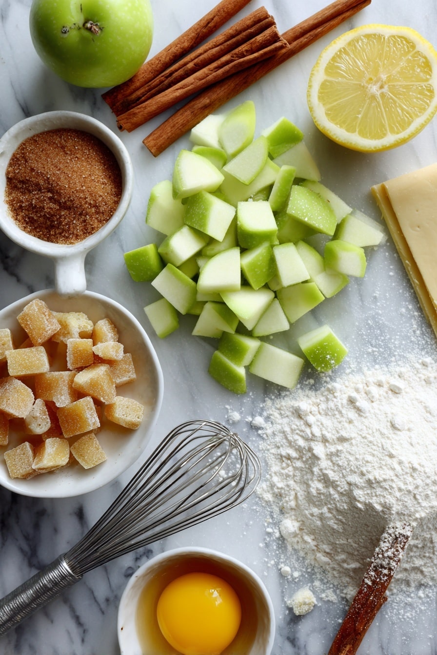Flat lay of bright green diced Granny Smith apples, golden brown sugar crystals, warm cinnamon sticks, a fresh lemon wedge, smooth sheets of pale puff pastry, a small bowl of raw turbinado sugar, and a whisked egg with a glossy finish, all beautifully arranged with a scattering of flour dust, placed on a white marble surface, photo taken with an iphone --ar 2:3 --v 7 - Apple Turnovers, homemade apple turnovers, flaky puff pastry apple turnovers, cinnamon apple turnovers, easy apple dessert