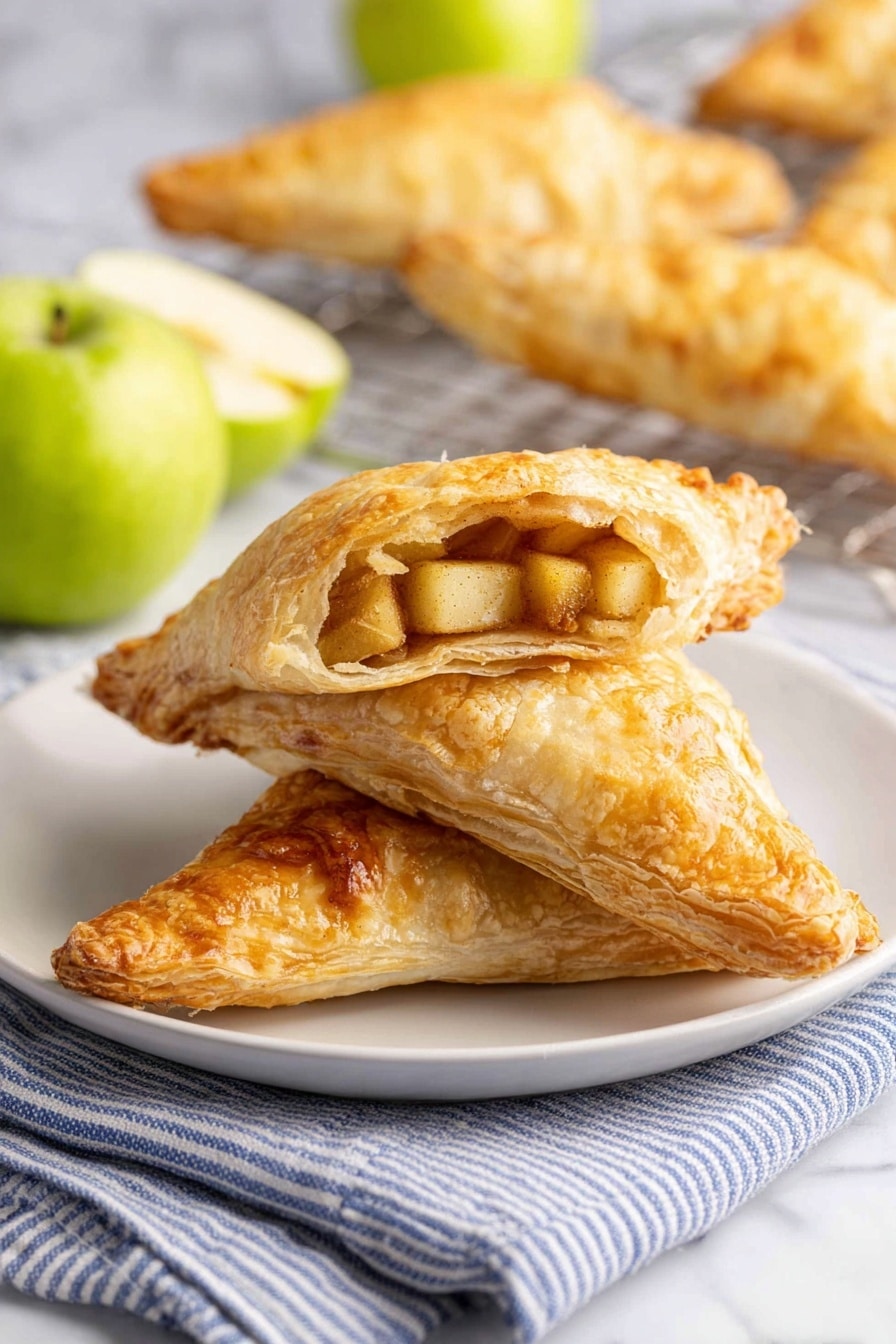 The image shows three golden-brown triangular pastries stacked on a white plate over a blue and white striped cloth. The top pastry is broken open, revealing soft, small cubes of apple mixed with cinnamon inside. The pastry layers are flaky and crisp with a shiny, slightly textured surface. In the background, a wire rack holds more pastries, and there are two green apples, one whole and one halved, on a white marbled surface. The light is soft, enhancing the warm tones of the pastries. photo taken with an iphone --ar 2:3 --v 7 - Apple Turnovers, homemade apple turnovers, flaky puff pastry apple turnovers, cinnamon apple turnovers, easy apple dessert