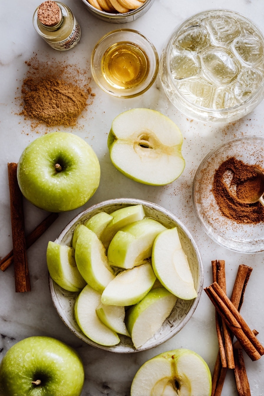 Flat lay of peeled and cored Granny Smith apples cut into slices, golden crescent dough rolls, melted unsalted butter glistening, rich brown sugar piles, cinnamon sticks and cinnamon powder sprinkled artistically, small glass vial of vanilla extract with a cork, and a chilled can of lemon-lime soda with condensation, all beautifully arranged on a white marble surface, photo taken with an iphone --ar 2:3 --v 7 - Easy Apple Dumplings with Mountain Dew Caramel Sauce, apple dumplings with mountain dew, quick apple dessert, caramel apple dessert, foolproof apple pie alternatives