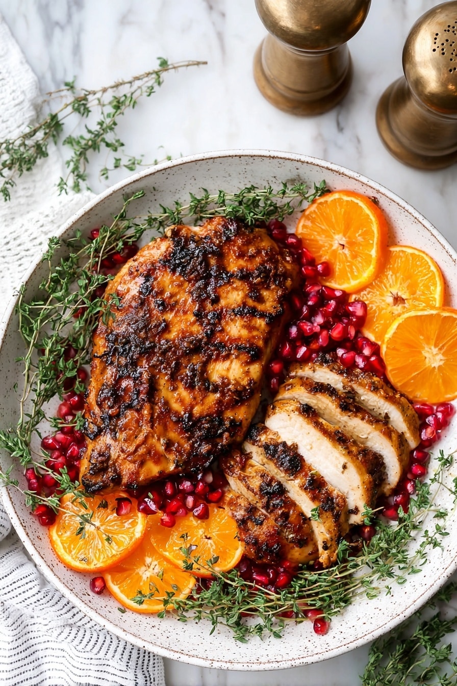 A white plate holds a grilled, golden-brown chicken piece with visible char marks and juicy texture, sliced partially on the front to show the inside. Around the chicken, bright red pomegranate seeds create a colorful base, topped with fresh green herb sprigs for decoration. On the right side of the plate, three orange slices are neatly stacked, adding a fresh and vibrant contrast to the warm tones of the chicken. The plate is set on a white marbled surface, enhancing the bright and clean look of the dish. photo taken with an iphone --ar 2:3 --v 7 - Air Fryer Turkey Breast with Garlic and Thyme, turkey breast recipe, air fryer poultry, easy turkey dinner, healthy turkey recipes