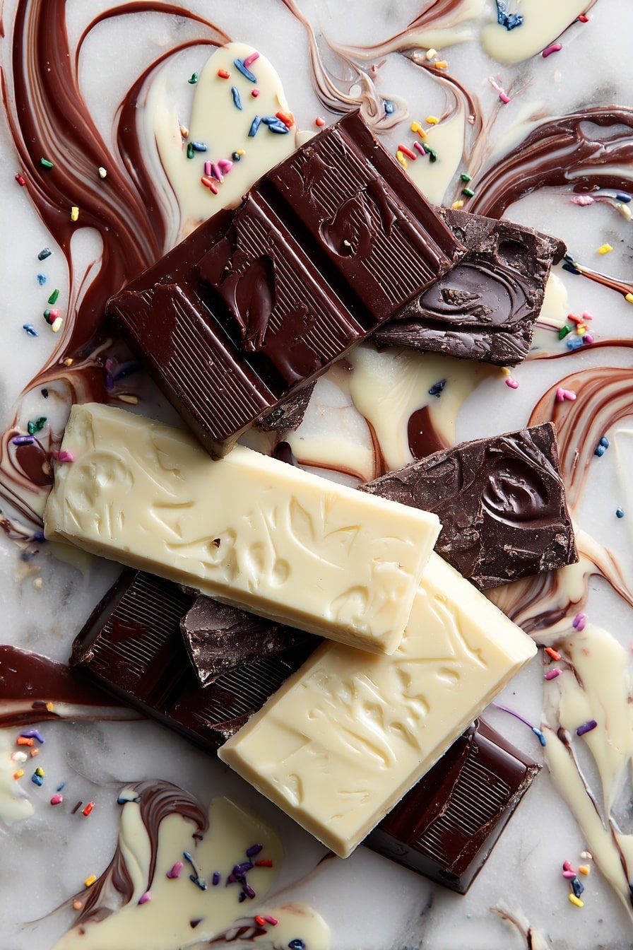 Flat lay of rich dark chocolate chunks, smooth white chocolate pieces, and delicate swirls of melted white and dark chocolate artistically pooled and drizzled, with a few small colorful sprinkles scattered gently around, placed on a white marble surface, photo taken with an iphone --ar 2:3 --v 7 - 2-Ingredient Ghost Chocolate Cups, Halloween chocolate treats, easy no-bake dessert, ghost shaped chocolates, simple holiday sweets