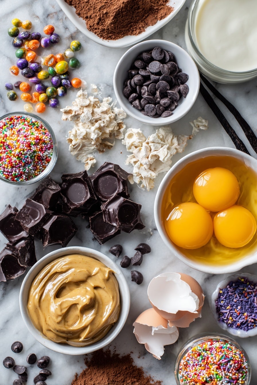 Flat lay of rich almond butter dollops, glossy honey drizzle, smooth vanilla bean pods, deep brown cocoa powder piles, glossy semi-sweet chocolate chips scattered, bright colorful Halloween sprinkles in playful shapes, glossy dark chocolate chunks, creamy almond milk splash, and fresh whole eggs cracked open showing vibrant yolks, all beautifully arranged on a white marble surface, photo taken with an iphone --ar 2:3 --v 7 - Gluten-Free Halloween Brownies, gluten-free fudgy brownies, Halloween dessert ideas, allergy-friendly Halloween treats, healthy Halloween brownie recipes