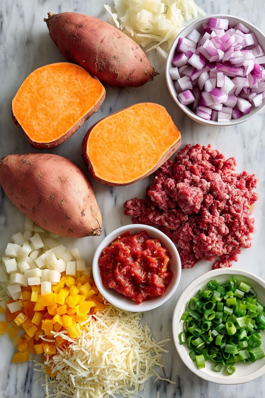 Flat lay of two medium sweet potatoes whole and sliced open, diced red onion, diced yellow bell pepper, minced garlic cloves, raw ground beef portion, canned diced tomatoes with juices in a small pile, shredded mozzarella and cheddar cheese blend, and thinly sliced green onions arranged thoughtfully, placed on a white marble surface, photo taken with an iphone --ar 2:3 --v 7 - Stuffed Sweet Potatoes with Ground Beef, Veggies, and Cheese, stuffed sweet potatoes, healthy stuffed sweet potatoes, ground beef stuffed sweet potatoes, veggie stuffed sweet potatoes, cheesy stuffed sweet potatoes