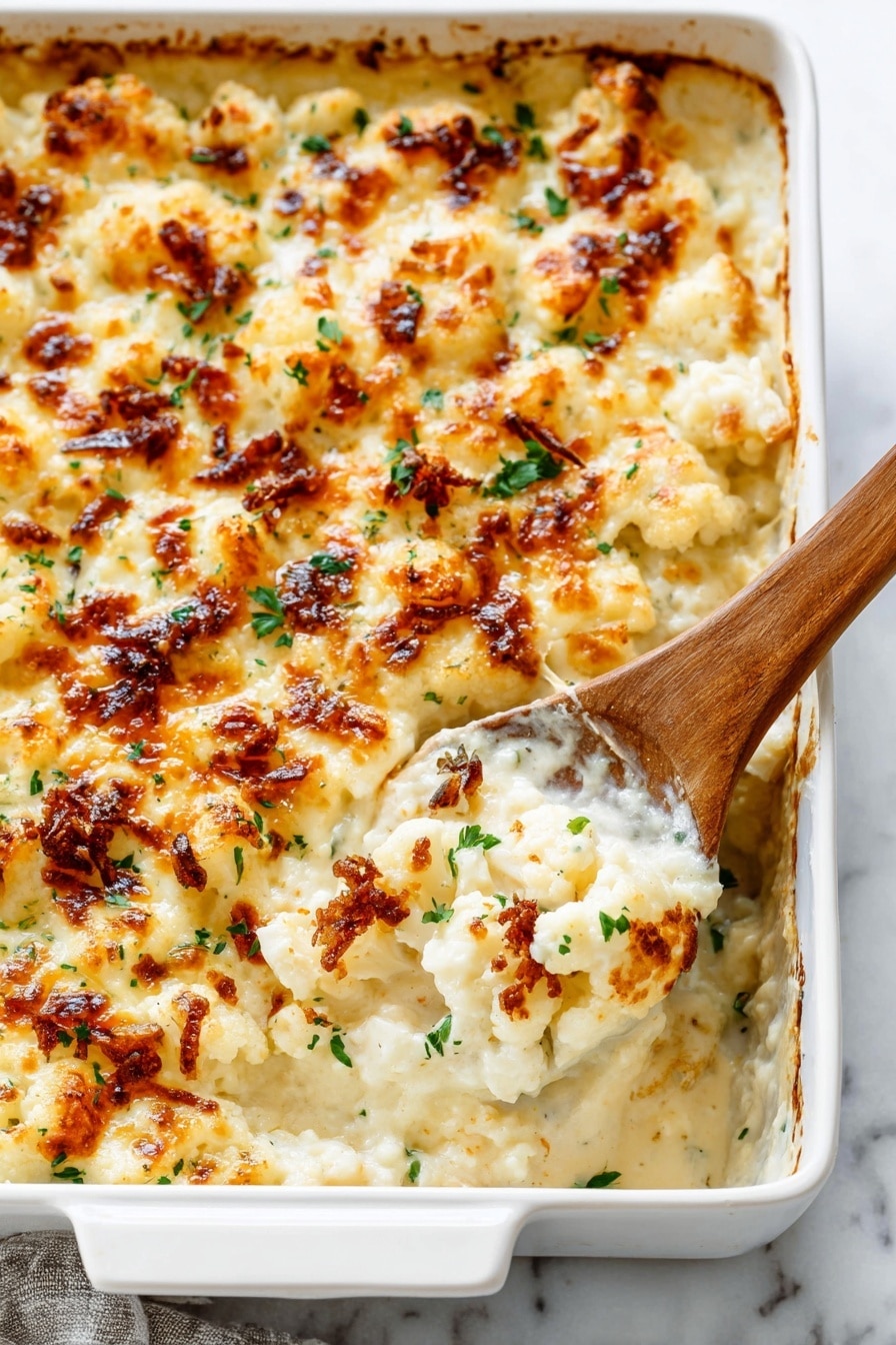 A white rectangular baking dish holds a creamy baked macaroni and cheese with a browned top layer of melted cheese and crispy bits that are golden and dark brown. The dish has a thick creamy middle layer of white cheese sauce mixed with macaroni pasta, visible where a wooden spoon is lifting a scoop from the corner. Small green parsley pieces are sprinkled on top for color. The dish sits on a white marbled surface. Photo taken with an iphone --ar 2:3 --v 7 - Cauliflower Casserole with Cream Cheese, Bacon, and Mozzarella, keto cauliflower casserole, cheesy cauliflower bake, low-carb cauliflower recipes, bacon cauliflower casserole