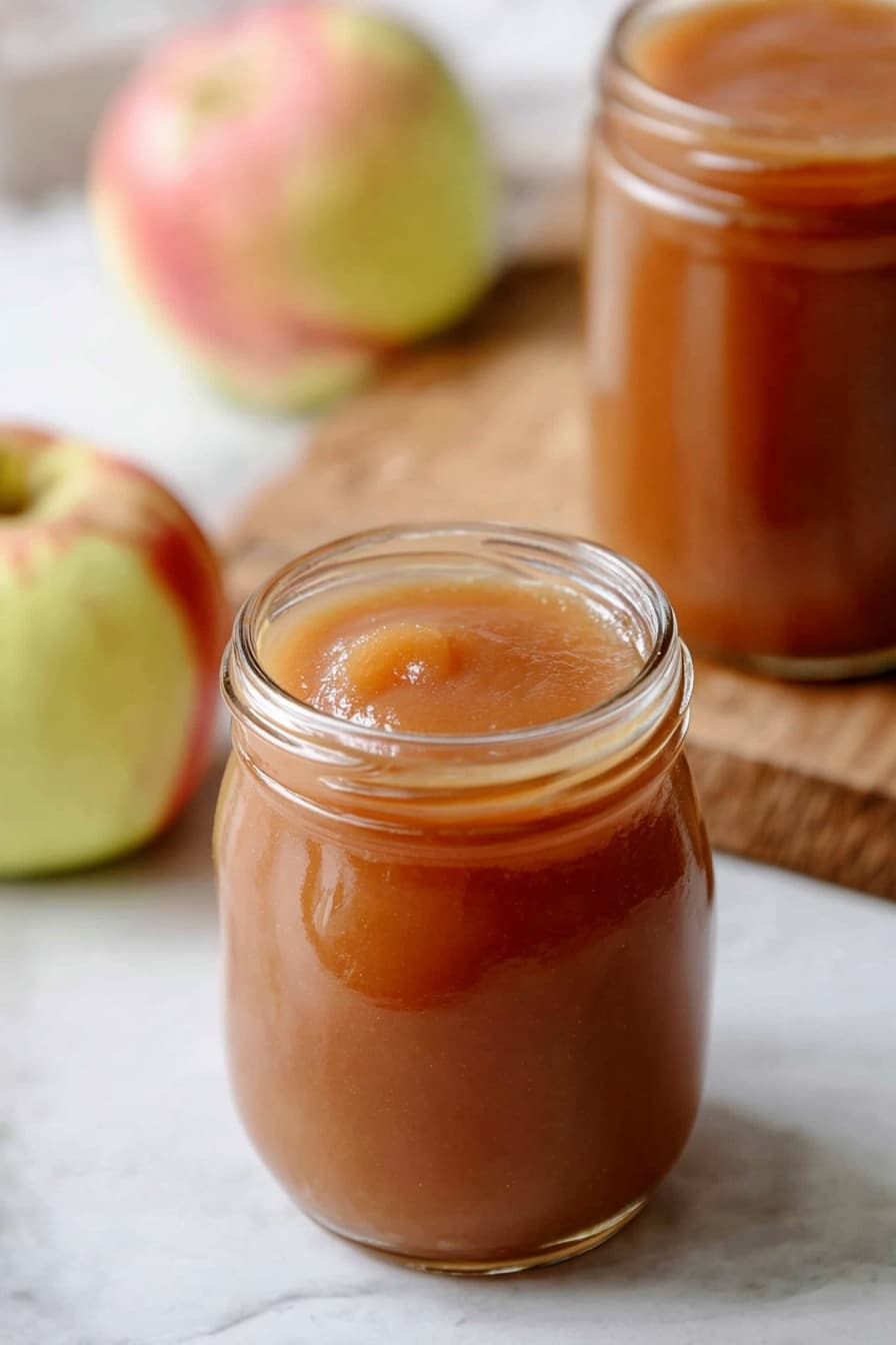 The image shows a small clear glass jar filled with smooth, thick brownish-orange apple sauce. The jar has a rounded shape and no lid. Behind it, there is another similar jar filled with the same apple sauce placed on a wooden board. Two whole apples with pale green and pinkish colors are slightly out of focus on the white marbled surface near the jars. The overall scene is softly lit with a light and cozy feel, and the background is blurred. Photo taken with an iphone --ar 2:3 --v 7 - Slow Cooker Homemade Applesauce, easy applesauce recipe, healthy applesauce, natural homemade applesauce, cinnamon applesauce