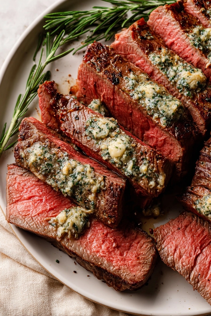 The image shows several thick slices of medium-rare steak arranged closely on a white plate, each slice revealing a pink center with a brown outer layer. The steak is topped with a textured herb and garlic butter mix that has melted slightly, giving a shiny and moist look on the surface of the meat. Small specks of black pepper and herbs are scattered across the steak, adding detail to the texture. A few sprigs of fresh rosemary lay beside the steak on the plate, adding a touch of green. The plate sits on a soft beige cloth with a white marbled texture background visible around it. Photo taken with an iphone --ar 2:3 --v 7 - Garlic Butter Herb Beef Tenderloin, beef tenderloin with garlic and herbs, elegant beef centerpiece, easy gourmet beef recipe, tender beef dinner ideas