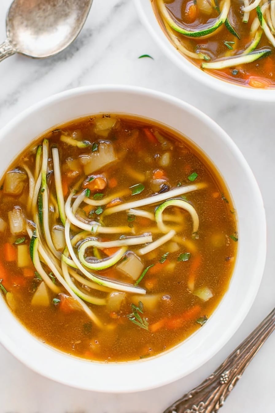 The image shows a white bowl filled with a clear brown broth that has small pieces of diced vegetables like carrots and potatoes floating in it. There are also long thin strands of white and green zucchini noodles on top, some partially submerged in the soup. Small green herb pieces are sprinkled throughout the broth, adding a fresh touch. The bowl is set on a white marbled surface with part of another similar bowl visible in the top left corner. A vintage silver spoon and fork are placed next to the bowl. photo taken with an iphone --ar 2:3 --v 7 - Zucchini Noodle Soup, healthy zucchini soup, quick zucchini noodle recipes, light vegetable soup, nourishing zucchini soup