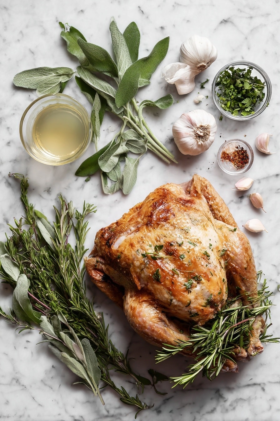 Flat lay of a whole bone-in turkey breast with golden skin, fresh rosemary leaves, chopped sage leaves, chopped thyme leaves, garlic cloves, ground paprika, ground coriander, and a small glass of chicken broth, all beautifully arranged in a neat composition, placed on a white marble surface, photo taken with an iphone --ar 2:3 --v 7 - Roasted Turkey Breast with Herbs and Garlic, Herb and Garlic Turkey Breast, Juicy Oven-Roasted Turkey, Easy Turkey Breast Roast, Flavorful Turkey Tenderloin