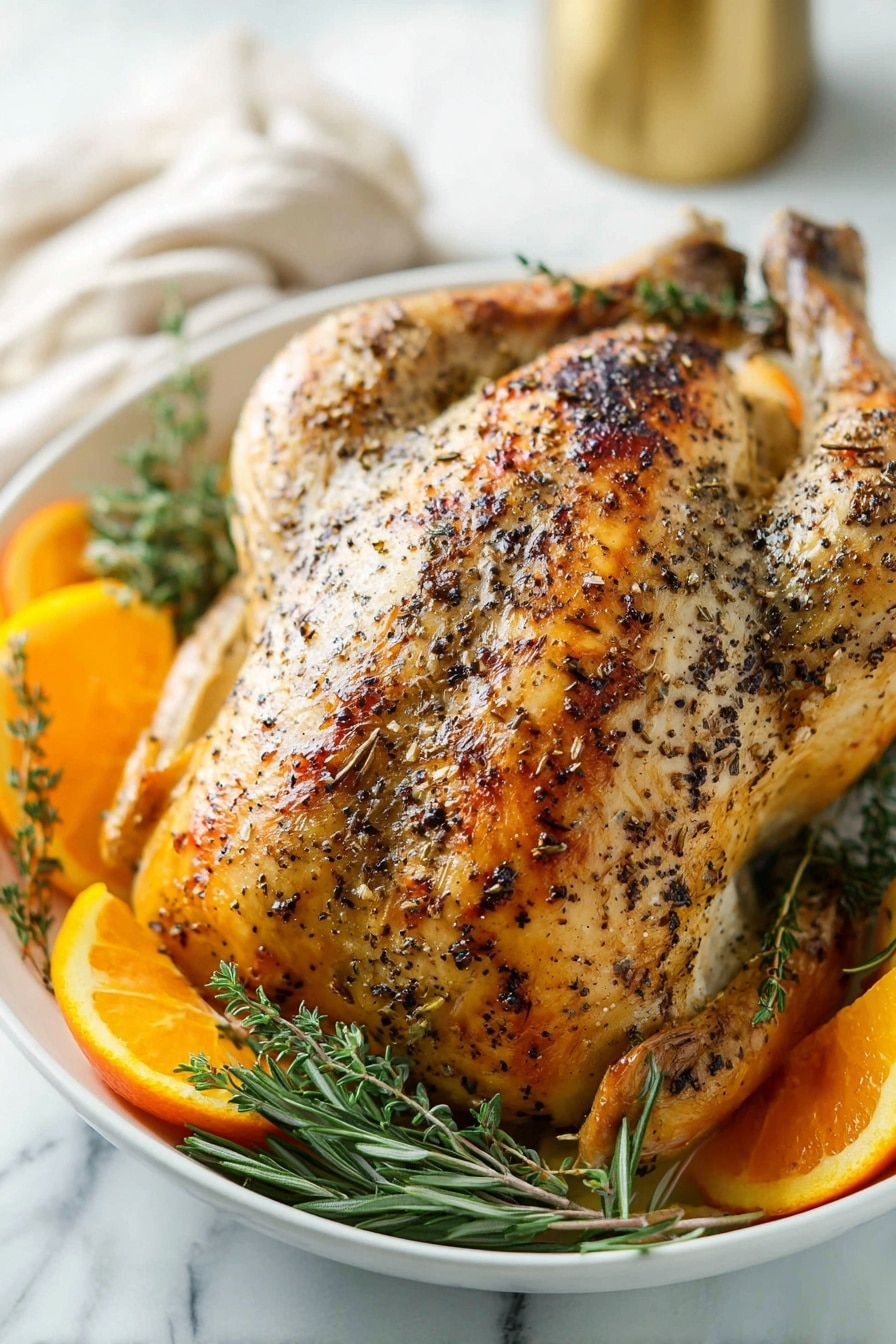 A whole cooked chicken with a golden brown skin covered in pepper and herbs sits in a white bowl. There are sprigs of green rosemary and thyme placed around the chicken. Orange slices and wedges surround the chicken, adding bright pops of color. The bowl is on a white marbled surface with a blurred gold object in the background. Photo taken with an iphone --ar 2:3 --v 7 - Roasted Turkey Breast with Herbs and Garlic, Herb and Garlic Turkey Breast, Juicy Oven-Roasted Turkey, Easy Turkey Breast Roast, Flavorful Turkey Tenderloin