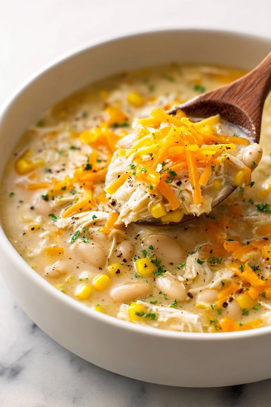 A white bowl filled with thick creamy white bean and shredded chicken soup, showing layers of soft white beans, light yellow shredded chicken pieces, and scattered small corn kernels. The soup is topped with bright orange shredded cheese and sprinkled with small green parsley bits and black pepper. A wooden spoon is scooping some soup, showing the chunky texture and the creamy broth beneath. The bowl sits on a white marbled surface. photo taken with an iphone --ar 2:3 --v 7 - Creamy White Chicken Chili, white chicken chili, easy white chicken chili, healthy chicken chili, comforting chicken chili