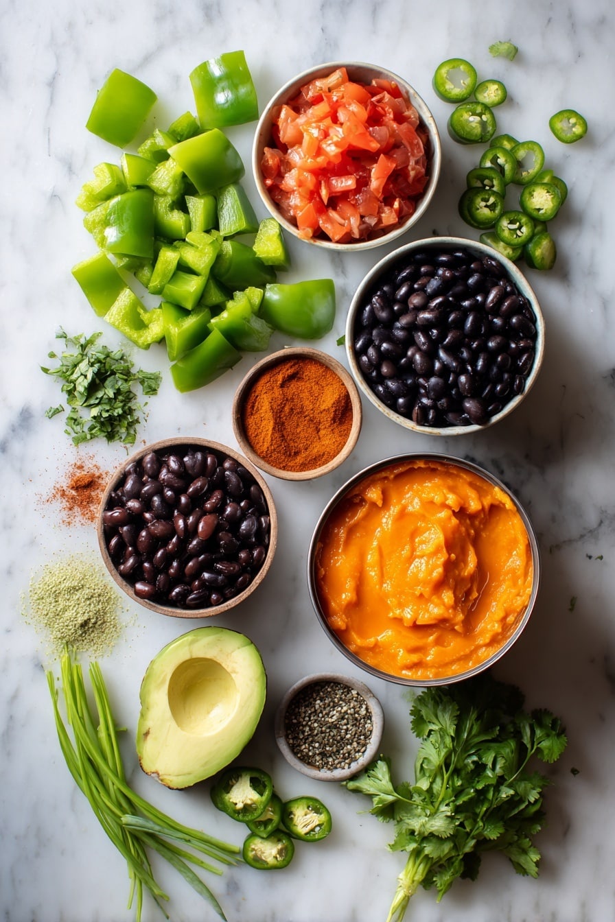 Flat lay of ripe green bell pepper diced, a bright orange can of pumpkin puree opened to show the smooth texture, shiny fire-roasted diced tomatoes spilling out, glossy black beans and pinto beans side by side, fresh chopped cilantro with vibrant green leaves, a halved jalapeno showcasing its seeds, and sliced creamy avocado with its pale green flesh, all arranged neatly with a few chili powder and cumin spices sprinkled artistically, placed on a white marble surface, photo taken with an iphone --ar 2:3 --v 7 - Pumpkin Chili, gluten free pumpkin chili, dairy free chili recipe, hearty pumpkin chili, healthy pumpkin chili