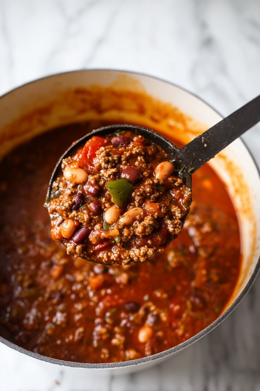 A close-up view of a thick stew filled with multiple layers of ingredients, including small chunks of cooked ground meat, white and black beans, diced red tomatoes, and pieces of green bell pepper. The stew has a rich, reddish-brown sauce with visible herbs and spices, making the texture dense and hearty. A black ladle lifts a spoonful of the stew from the white pot, showing a mix of beans, meat, and vegetables all soaked in the thick sauce. The pot sits on a white marbled surface, with some sauce splashed on the edge. photo taken with an iphone --ar 2:3 --v 7 - Pumpkin Chili, gluten free pumpkin chili, dairy free chili recipe, hearty pumpkin chili, healthy pumpkin chili