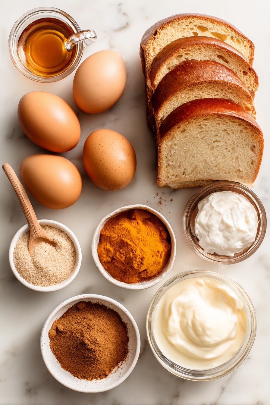 Flat lay of four large eggs with smooth shells, a small glass jug of creamy half and half, a bright orange scoop of canned pure pumpkin, a pile of light brown sugar crystals, a heap of warm brown ground cinnamon, a small bottle of vanilla extract with amber liquid, a heap of fine ground nutmeg, and thick slices of soft Brioche bread arranged in a neat stack, placed on a white marble surface, photo taken with an iphone --ar 2:3 --v 7 - Pumpkin French Toast with Cinnamon and Nutmeg, pumpkin breakfast ideas, fall French toast recipes, cozy pumpkin breakfast, cinnamon nutmeg French toast