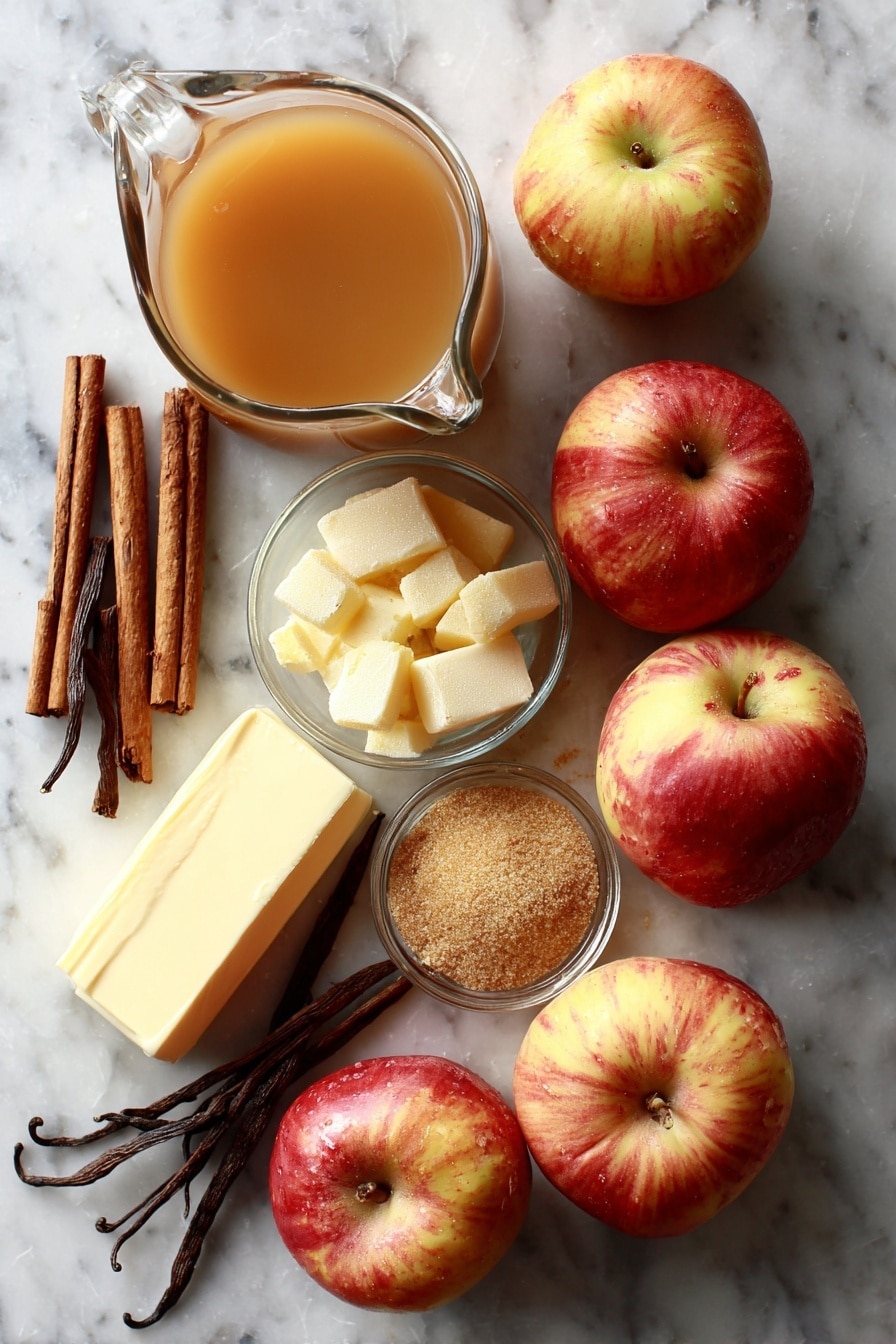 Flat lay of fresh whole apples, cinnamon sticks, nutmeg seeds, a stick of unsalted butter, brown sugar crystals, golden turbinado sugar, smooth vanilla beans, and a glass jug of rich apple cider beautifully arranged with warm autumn tones, placed on a white marble surface, photo taken with an iphone --ar 2:3 --v 7 - Apple Cider Donut Cake, fall dessert recipes, apple cider cake, cinnamon nutmeg cake, cozy autumn desserts